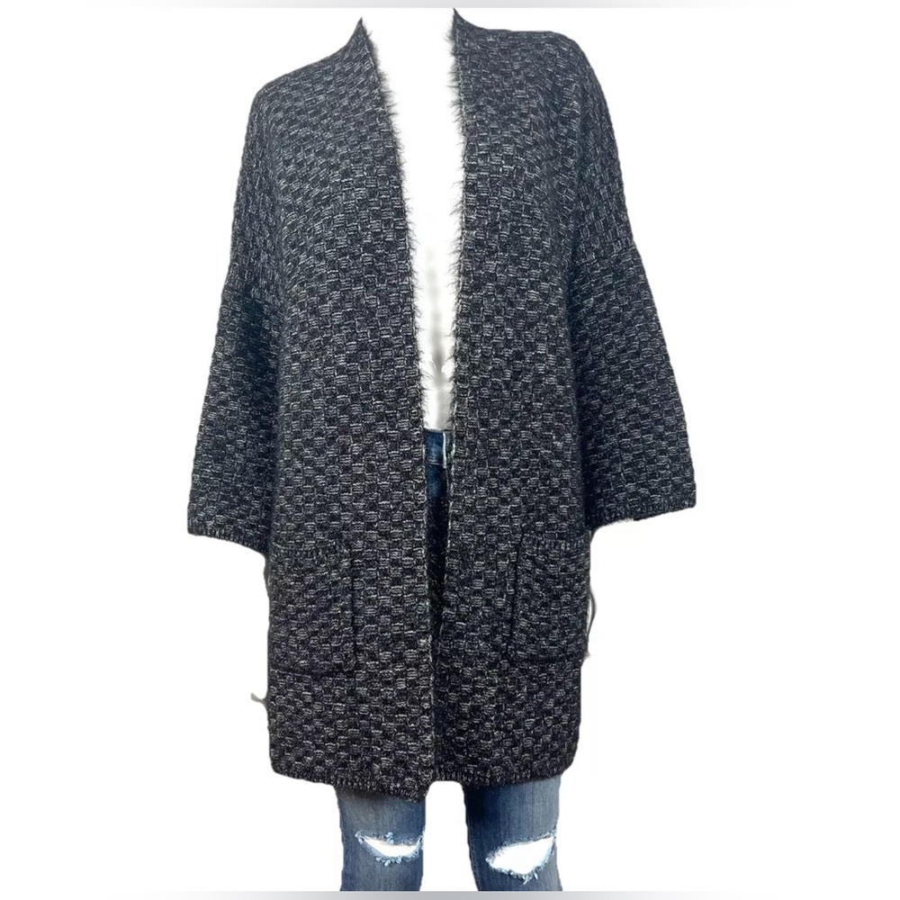 BCBG Maxazria Women's L Open Front Knit Cardigan Sweater Black Gray Fizzy Thick